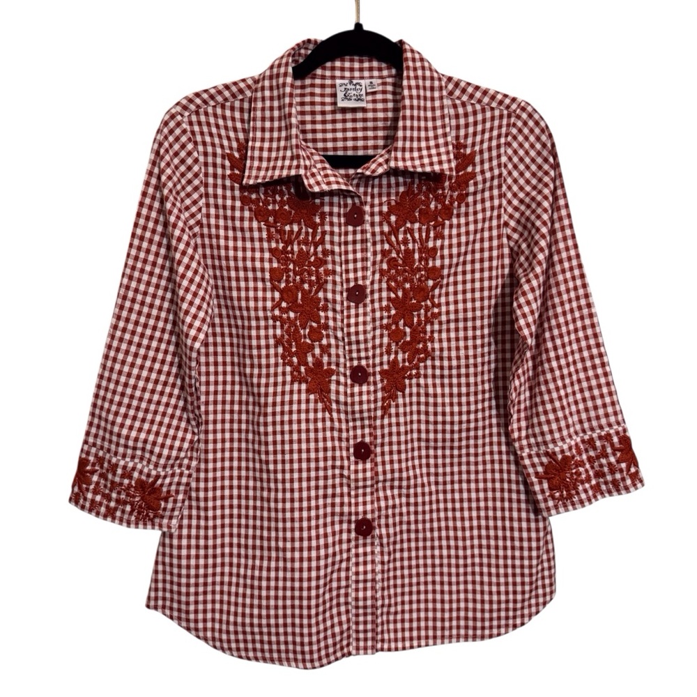 Parsley & Sage Small Orange White Gingham Floral Embroidered Top Button Up Boho